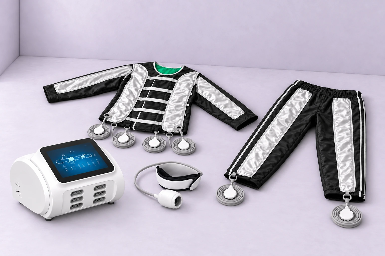 presso fitness suit in a lavender studio — illustrative presentation