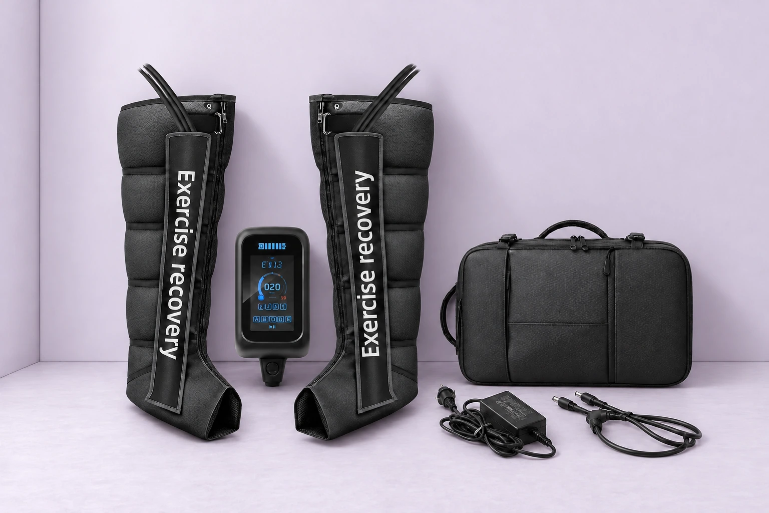 pneumatic compression therapy system air compression boots in a lavender studio — illustrative presentation